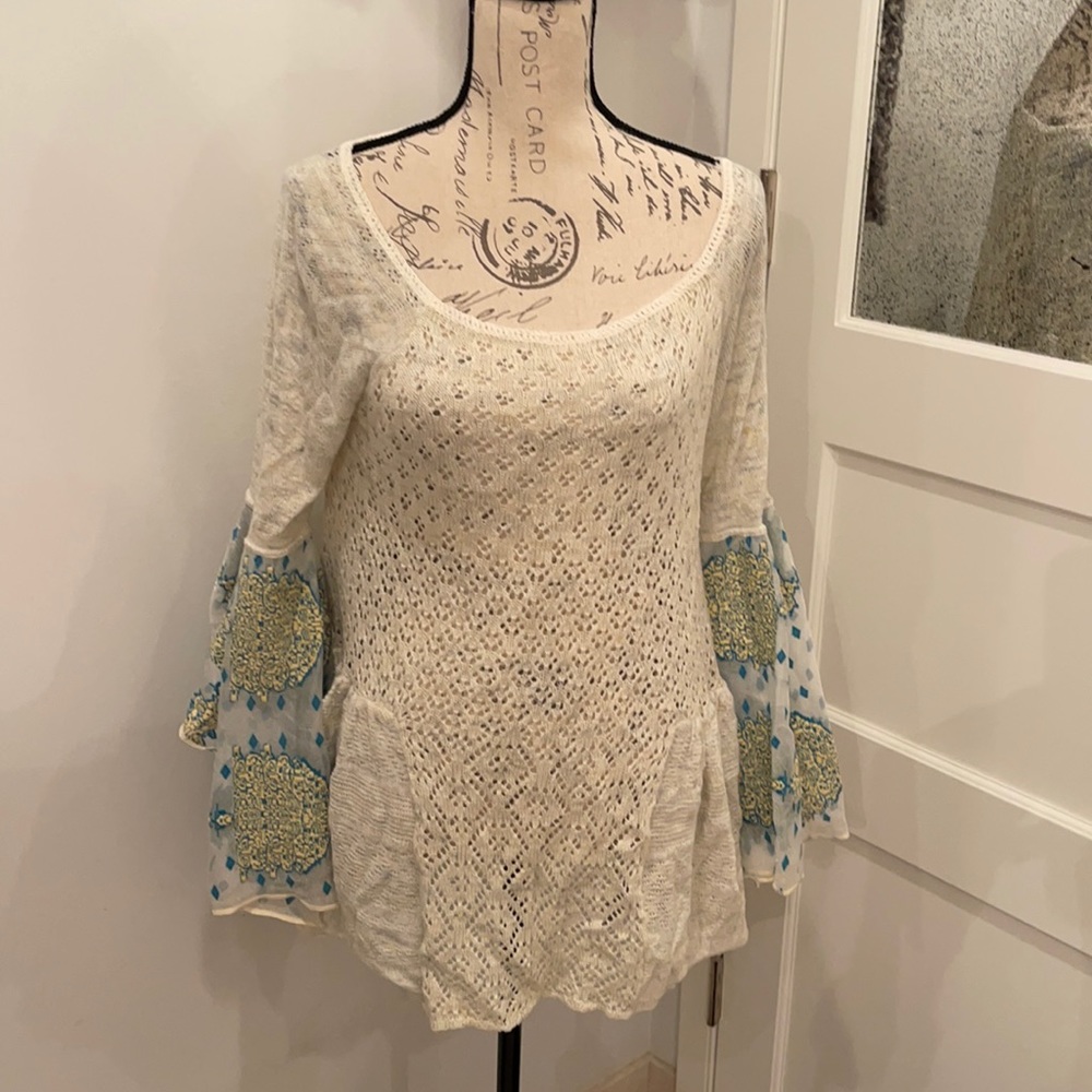 Free People Cream Sweater with Blue Accents